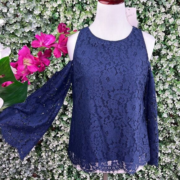 Joie Abay Cold Shoulder Navy Scallop Hem Lace Blouse Top NWT - Picture 1 of 11